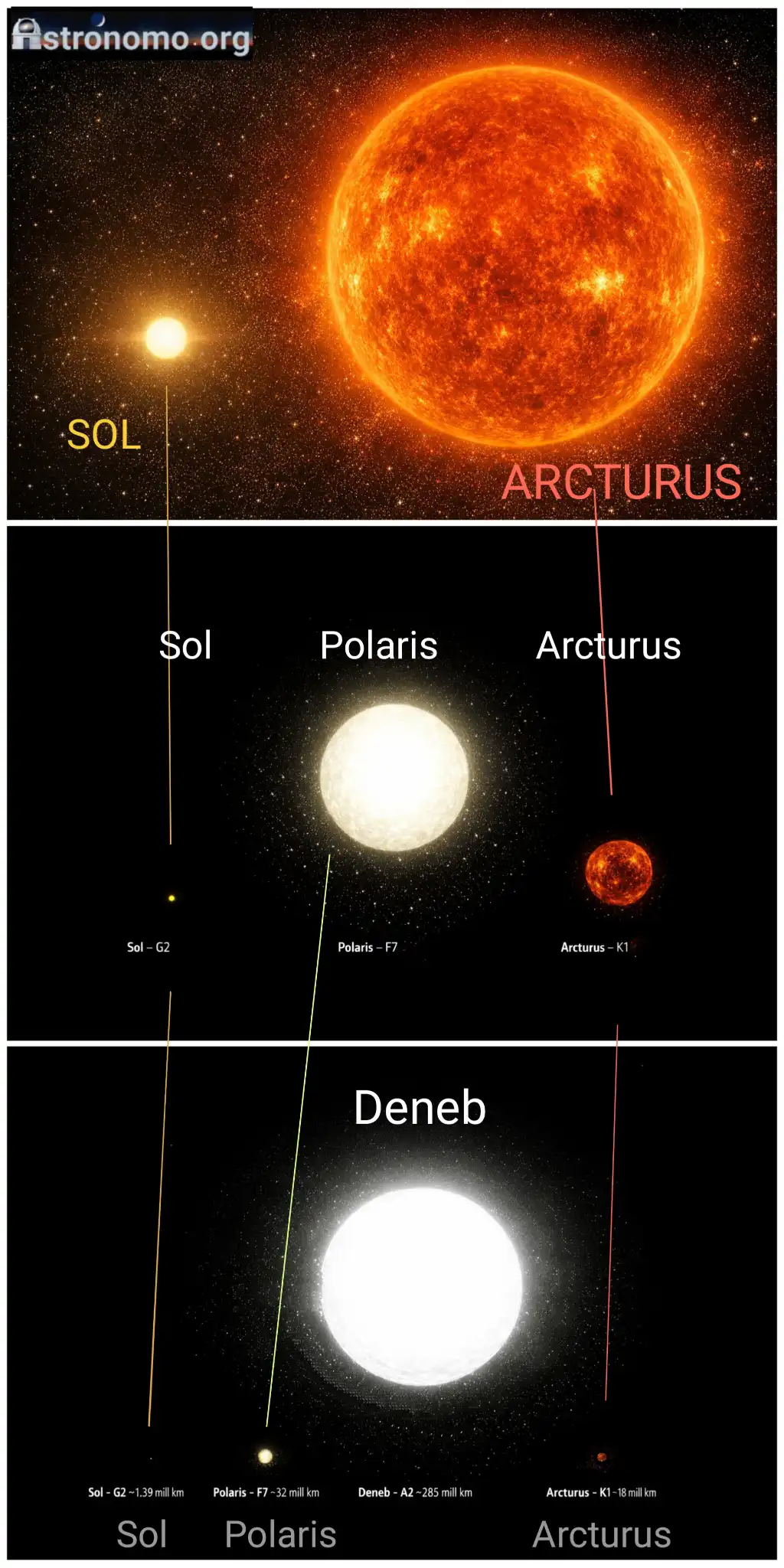 comparativa realista de 4 estrellas&nbsp; Sol - Arcturus - Polaris - Deneb